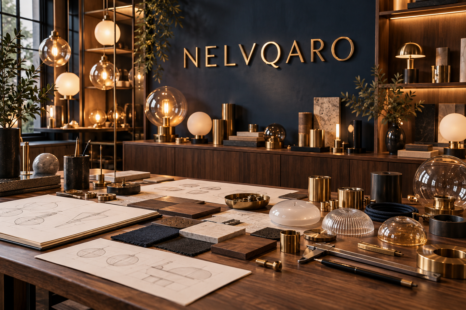 Nelvqaro lighting studio with glass globes, brass components, material samples and lamp sketches